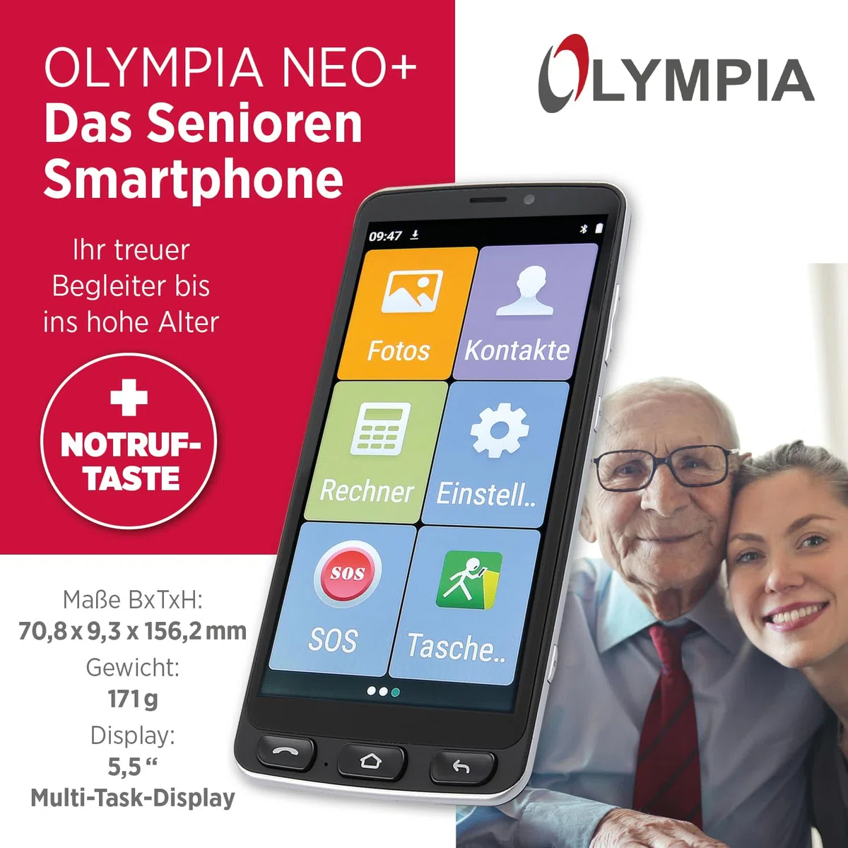 Olympia NEO+ schwarz Seniorenhandy | Senioren Smartphone mit großem Display & Notruftaste | Extra einfache Bedienung | Seniorenhandy mit Whatsapp | Android 15 | Senioren Handy 4G LTE |Seniorenhandys