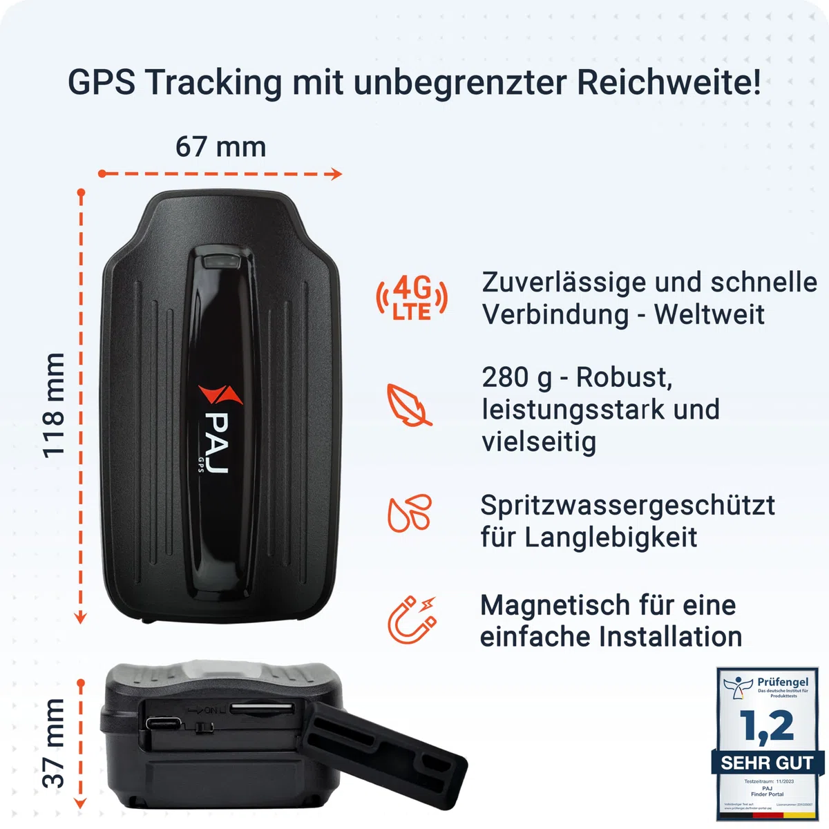 PAJ GPS - Power Finder 4G Langzeit GPS-Tracker, Power Finder von PAJ GPS, Ortung für Oldtimer, Auto, Fahrzeuge, Boote, Anhänger und mehr, inkl. Magnet-Befestigung, bis zu 90 Tage ohne Aufladen