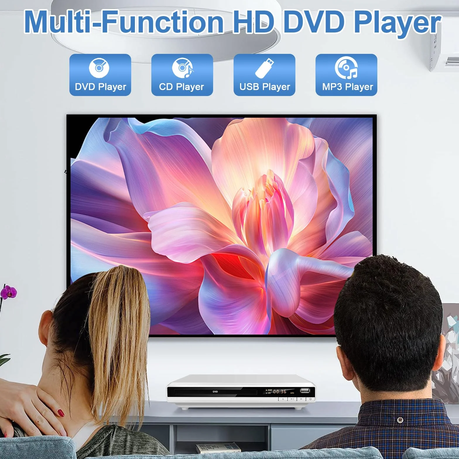 DVD Player Weiß, Regionsfrei DVD Spieler für Fernseher mit HDMI AV Ausgang Kabel Enthalten, DVD-CD-Player mit USB Eingang, Fehler Korrektur, Integriertes PAL NTSC-System (DVD-168, Kein Blu-ray)