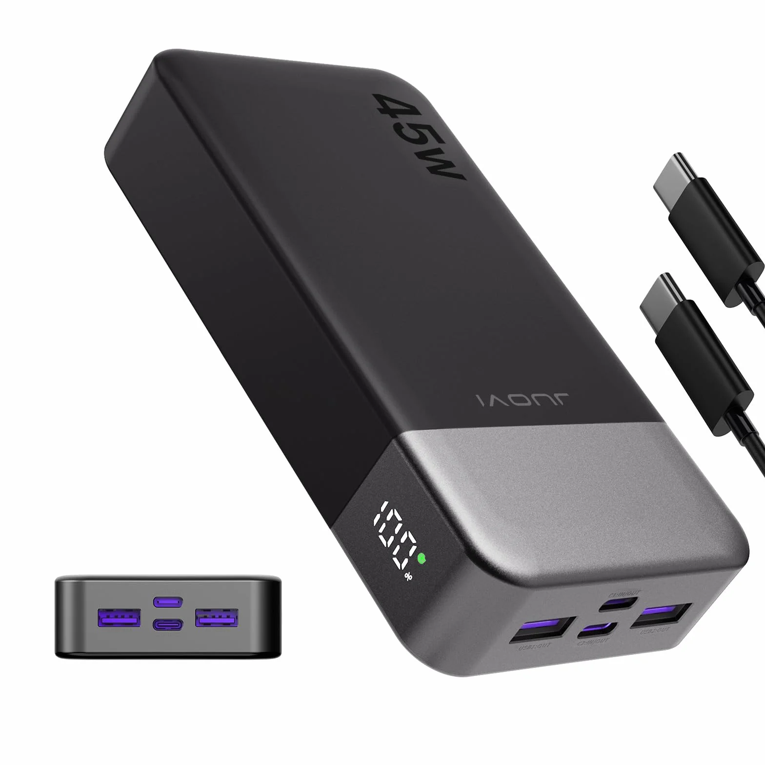 JUOVI Power Bank, 20000mAh 45W Tragbares Ladegerät, PD3.0 QC4.0 Schnelles Laden 4-Port mit LED Anzeige, Akkupack Ladegerät tragbar für MacBook, iPhone 15 14 13 Pro Samsung S23 S22 (Schwarz)