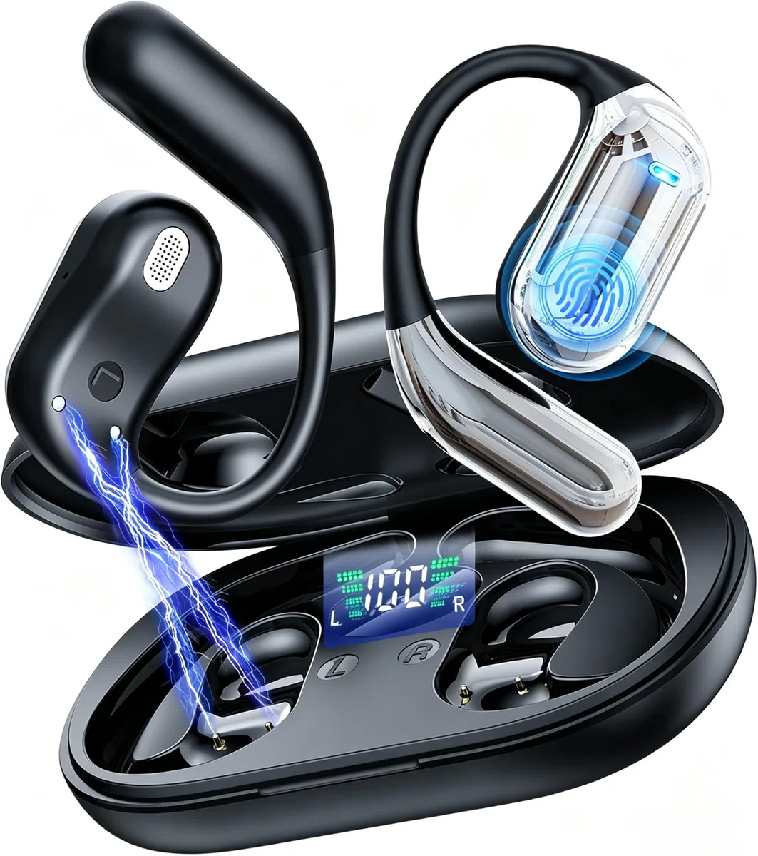 Open Ear Kopfhörer Bluetooth 6.1 KI 50 Std Sport Kopfhörer mit Bequem Flexiblem Ohrhaken 4 ENC Mic Doppel LED Ladebox 1std Schnellladung Open Ear Ohrhörer Smart Touch On Ear Sportkopfhörer für Laufen