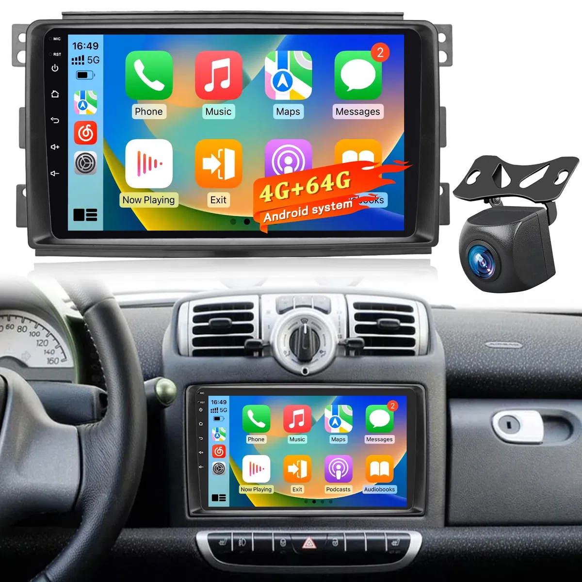 4+64G Android Autoradio für Mercedes Benz Smart Fortwo 2005-2010, 9 Zoll 2.5D IPS Touchscreen Stereo mit Wireless CarPlay & Android Auto, GPS WiFi Bluetooth 5.0 FM RDS, DSP Sound + AHD Rückfahrkamera