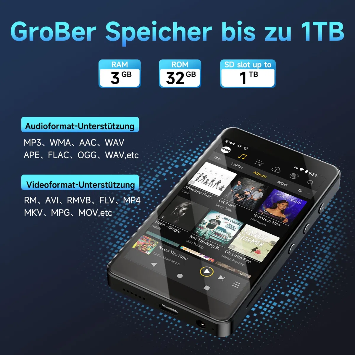 PECSU Android 14 MP3-Player mit Spotify, Play Store, Amazon Music, Audible, Libby, 4-Zoll-Touchscreen-MP4-Musikplayer für Kinder mit Kindersicherung, Augenschutzmodus, 2000mAh (Schwarz)