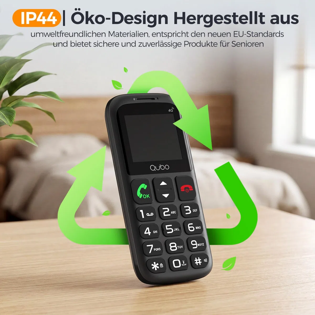 Qubo 4G Seniorenhandy ohne Vertrag |mit SOS-Notruftaste | Rentner Handy Große Tasten | Taschenlampe | Dual-SIM| USB-C | Tastenhandy mit Ladestation | 1,77 Zoll Farbdisplay