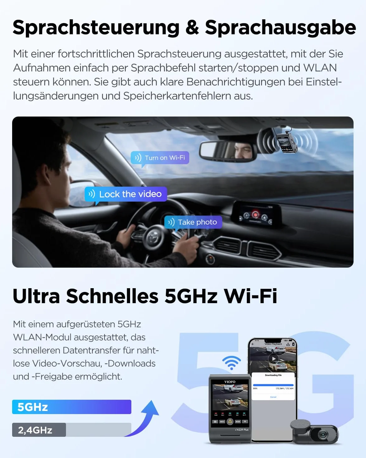 VIOFO A229 Plus 2K + 2K Dual STARVIS 2 HDR Dashcam Auto, Sprachsteuerung & 5GHz Wi-Fi, GPS, Super Nachtsicht 2.0, 2,4" LCD, 512 GB Max