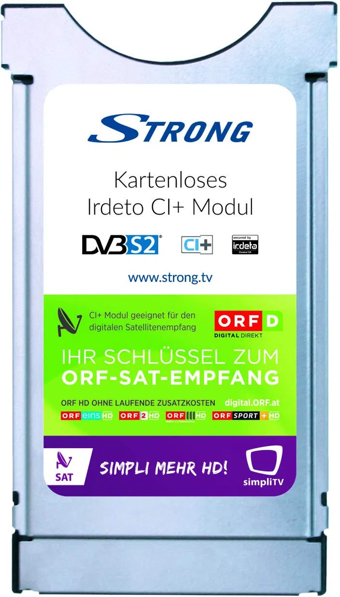 STRONG Kartenloses CI+ Modul, Irdeto CI Modul ORF DIGITAL DIREKT und simpliTV SAT (CAM HDTV, Free-to-Air, DVB-S2) nur für Österreich geeignet, Irdeto Cardless CI+ CAM, Silber