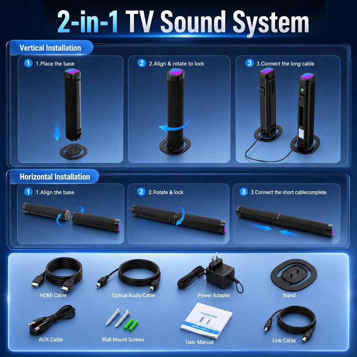 Teilbare 2-in-1 Soundbar (2.2 Kanäle, 240 W) mit RGB-Licht & Bluetooth 5.3, 3 EQ-Modi & regelbarem Bass, TV-Lautsprecher für Fernseher/Gaming/PC/Beamer – inkl. ARC, Optisch, Aux, USB