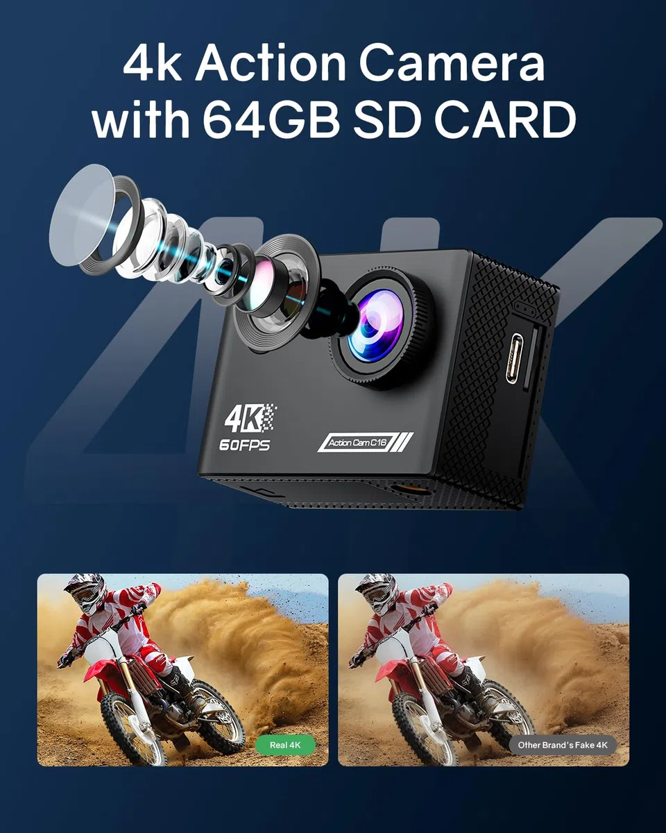 4K60FPS Action Kamera, 40M wasserdichte Action Cam Unterwasserkamera mit 64 GB SD-Karte, 6-Achsen-Stabilisierung, Motorradkamera mit 8-Fach-Zoom und 2,4-GHz-Fernbedienung, Helmzubehör