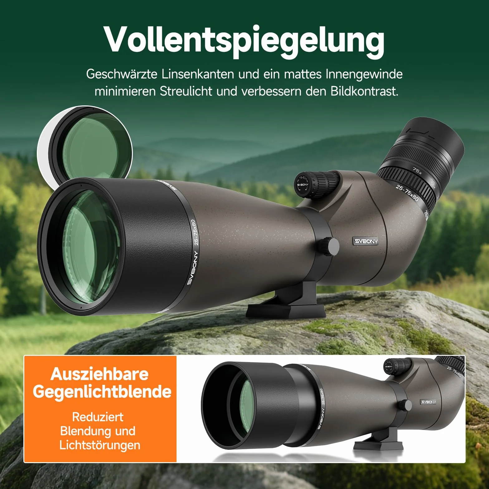 Svbony SV29 25-75x80mm Spektiv mit Schwalbenschwanz und Stativ, Großem Sehfeld, Porroprisma FMC, Smartphone-Adapter für Zielschießen, Vogelbeobachtung und Tägliche Beobachtung