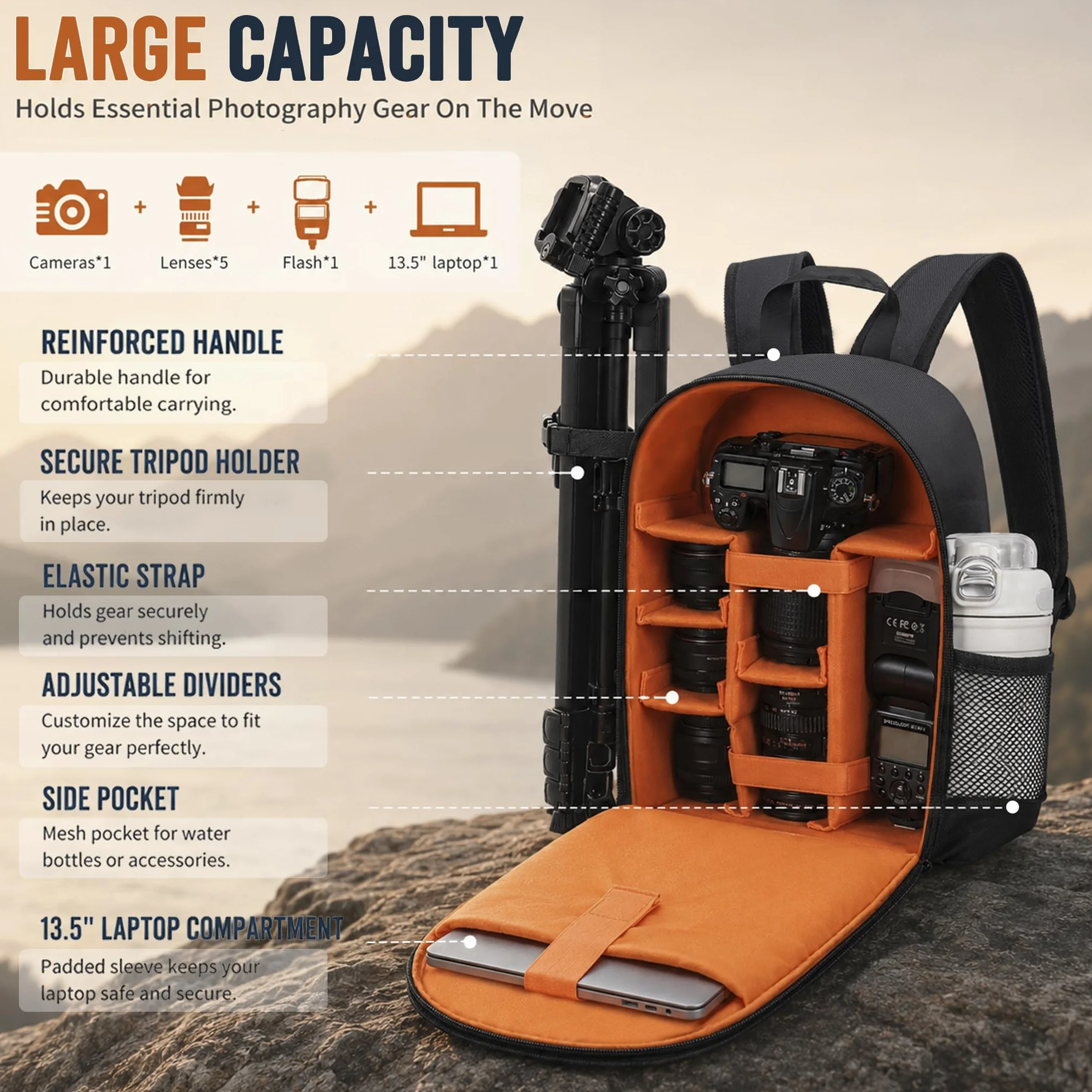 Kamerarucksack ，Für DSLR/SLR spiegellose Kamera，Schwarz-Orange (S) | Stativhalterung, Wasserdicht, Anti-Diebstahl, Für DSLR/SLR spiegellose Kamera