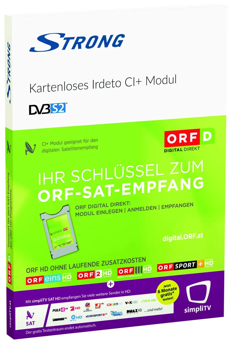 STRONG Kartenloses CI+ Modul, Irdeto CI Modul ORF DIGITAL DIREKT und simpliTV SAT (CAM HDTV, Free-to-Air, DVB-S2) nur für Österreich geeignet, Irdeto Cardless CI+ CAM, Silber
