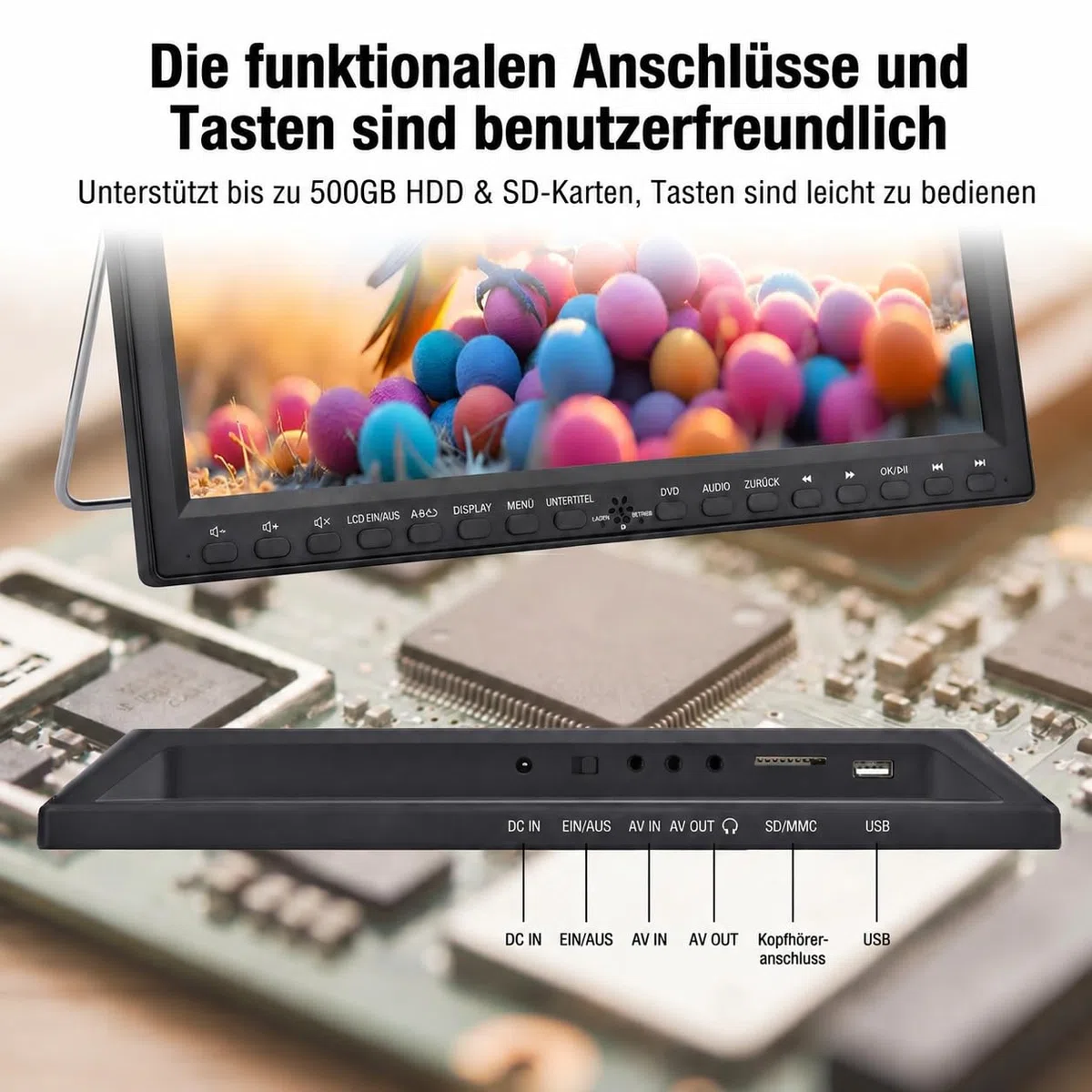 Tragbarer DVD-Player mit Kopfstützenhalterung, 14,1 Zoll großer schwenkbarer Bildschirm, DVD-Player für Auto, unterstützt 720P Video MP4, RMVB-Formate, regionenfreier wiederaufladbarer Akku, großer
