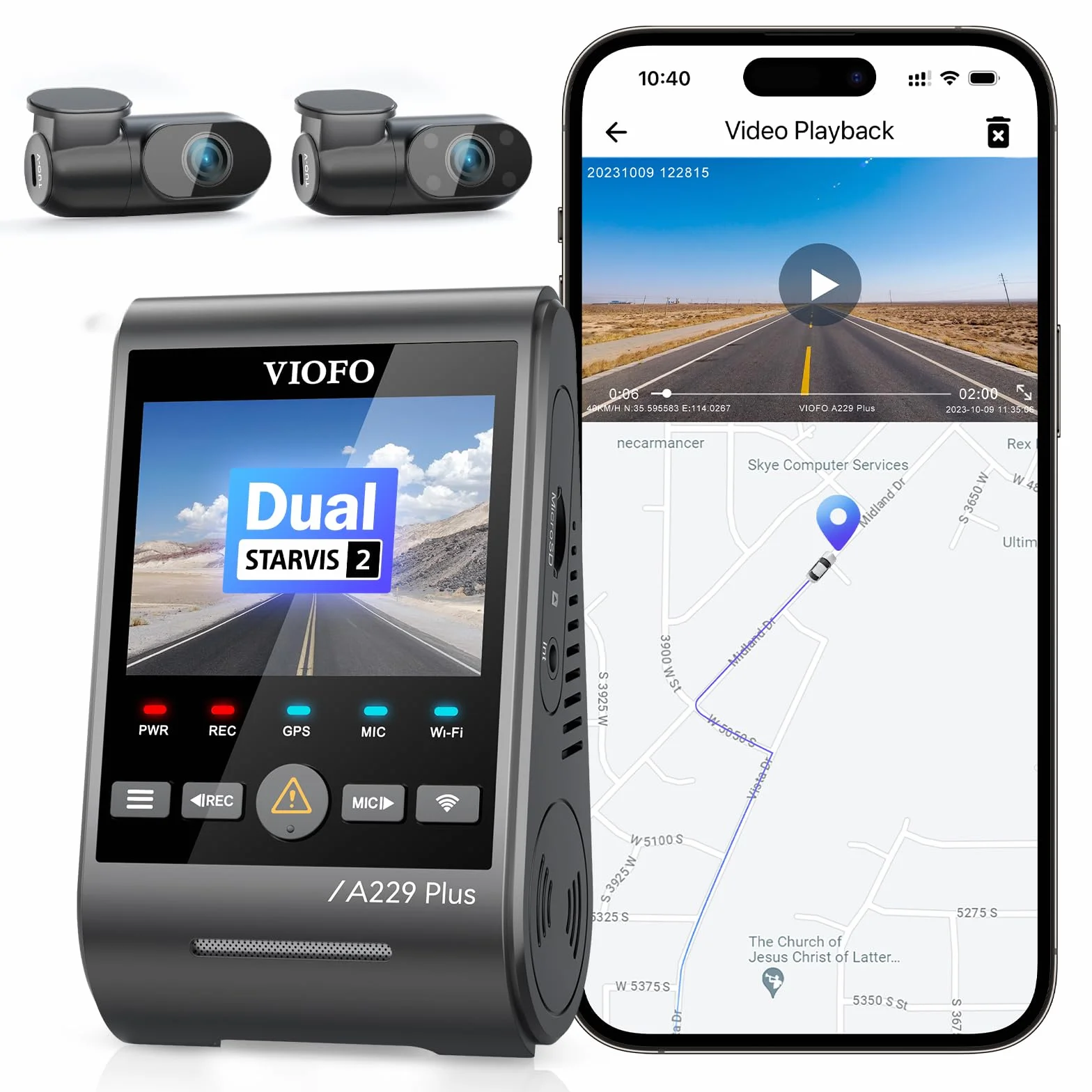 VIOFO A229 Plus 3 Lens 2K + 2K + 1080P, Dual STARVIS 2, HDR Vorne hinten Dashcam Auto, Sprachsteuerung & 5GHz Wi-Fi WLAN Autokamera, Ultrapräzises GPS, Super Nachtsicht 2.0, Sprachausgabe, 512 GB Max
