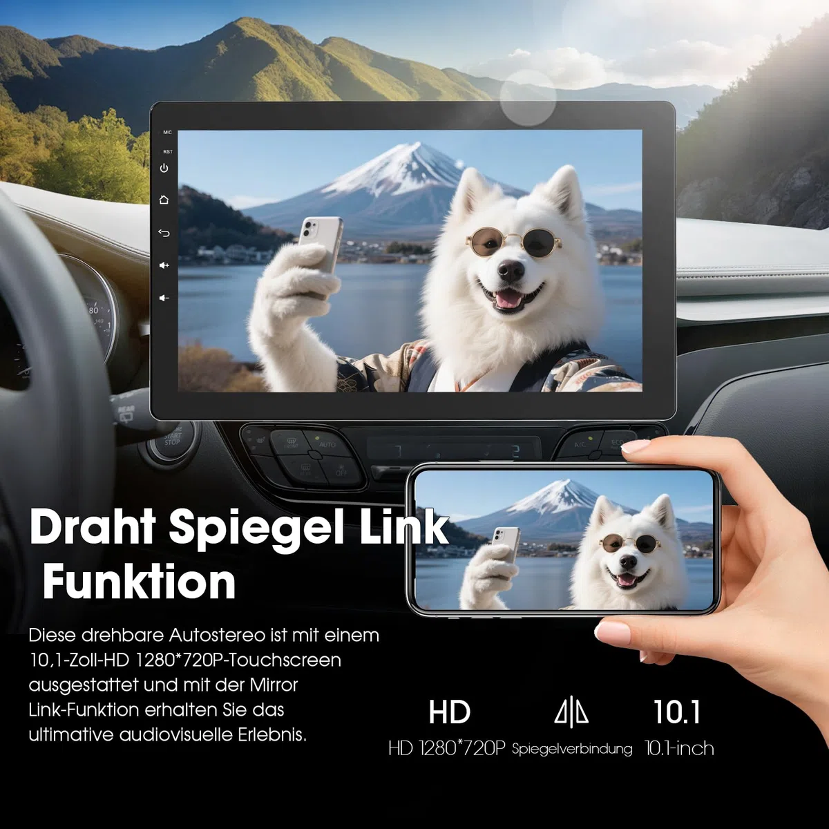 Haudio 1 Din Autoradio, 10.1 Zoll Drehbar Bildschirm, Auto Stereo mit Wireless Apple CarPlay & Android Auto, Car Play Touch Screen mit 720P Rückfahrkamera,Mirror Link, Sprachsteuerung, RDS/FM/AM Radio