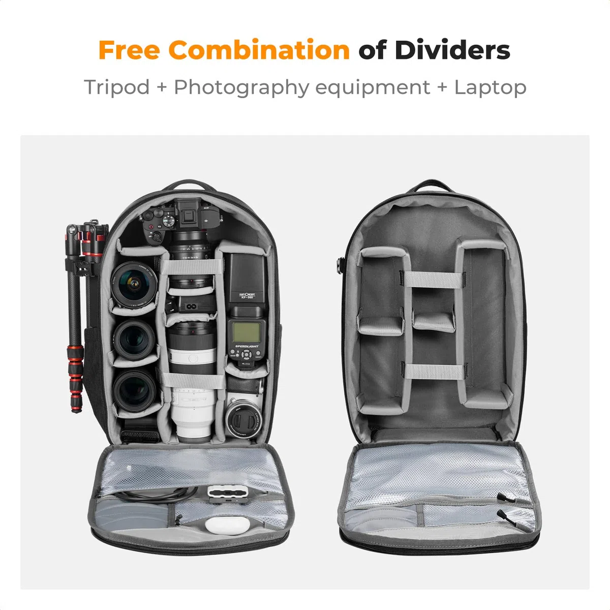 K&F CONCEPT 18L Kamerarucksack, Fotorucksack mit 15.6 Zoll Laptopfach, Große Kapazität Camera Backpack mit Regenschutz für DSLR/Stativ/Zubehör Schwarz