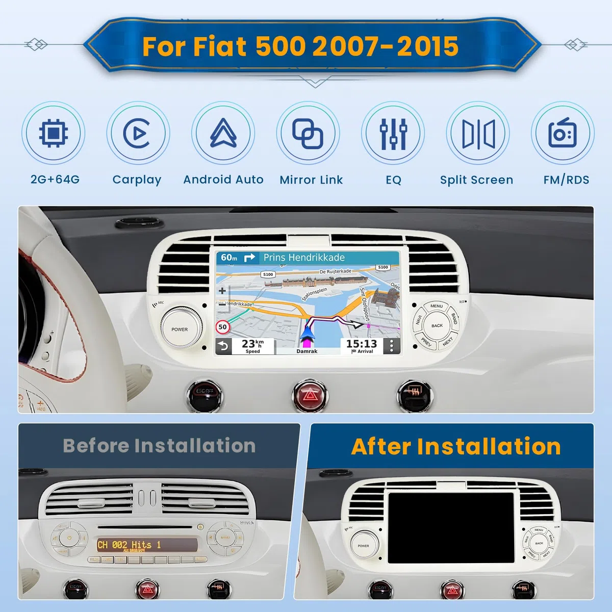Inefala 2 + 64 GB Android 15 Autoradio für FIAT 500 2007-2015, 7 Zoll Touchscreen CarPlay 2 Din Autoradio mit Android Auto, Bluetooth, Mirror Link, WiFi, GPS, RDS FM, AHD Rückfahrkamera (Weiß)
