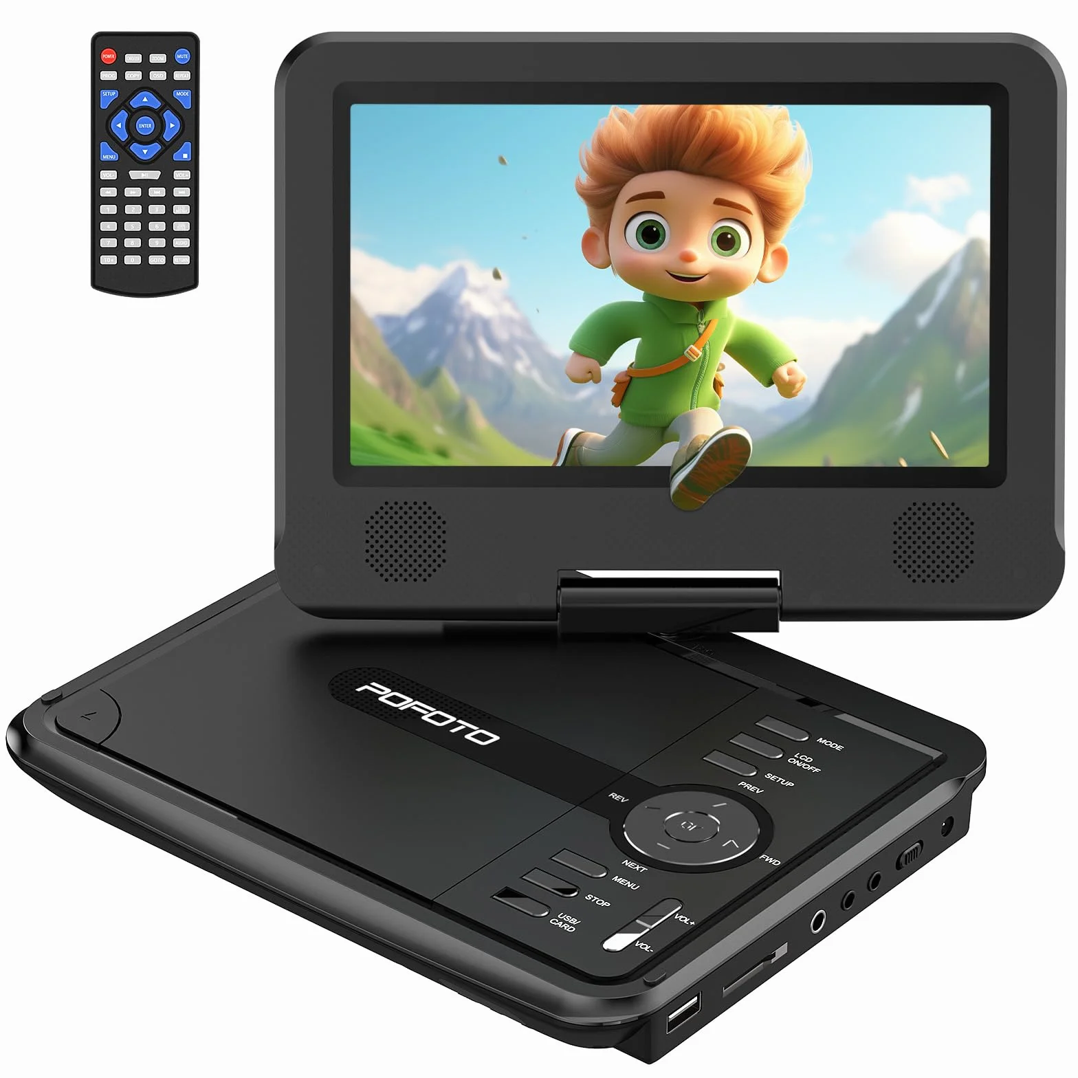 POFOTO 9,5" Tragbarer DVD Player mit 7,5" HD-Schwenkbaren Bildschirm, 4-6 Stunden Akkulaufzeit, DVD Player Auto mit Dual-Lautsprechern, Autoladegerät, Netzteil, Sync TV/USB/SD-Karte (Schwarz)