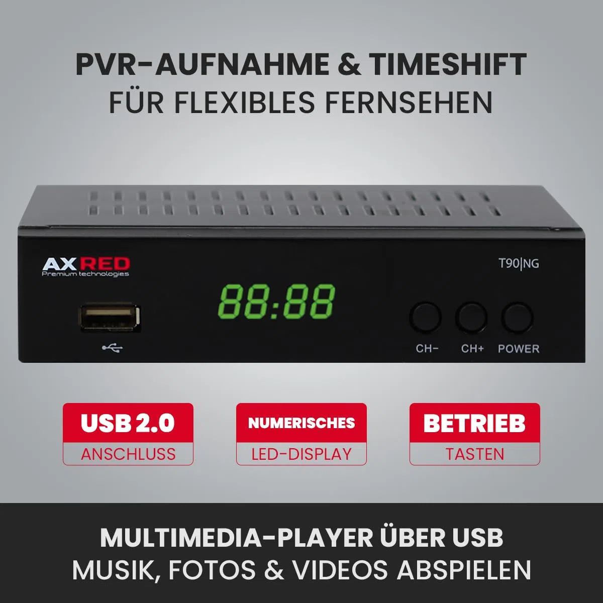 AXRED T90 HD DVB-T2 Receiver mit PVR Aufnahmefunktion, DVB-T & DVB-T2 Antennen, HDMI SCART USB