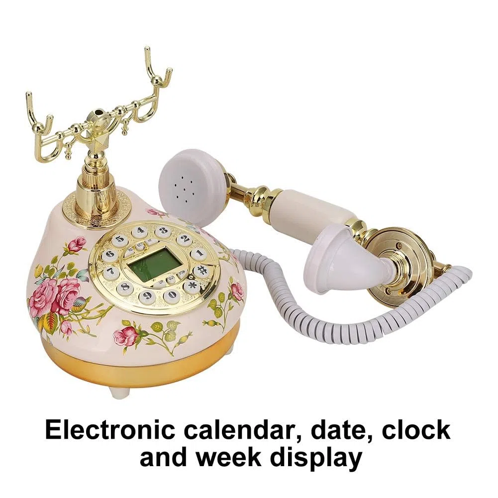 Antikes Festnetztelefon im europäischen Stil für Privathaushalte, Vintage Retro Multifunktions-Telefon aus rosa Keramik mit runder Basis für die Dekoration, Anrufer-ID