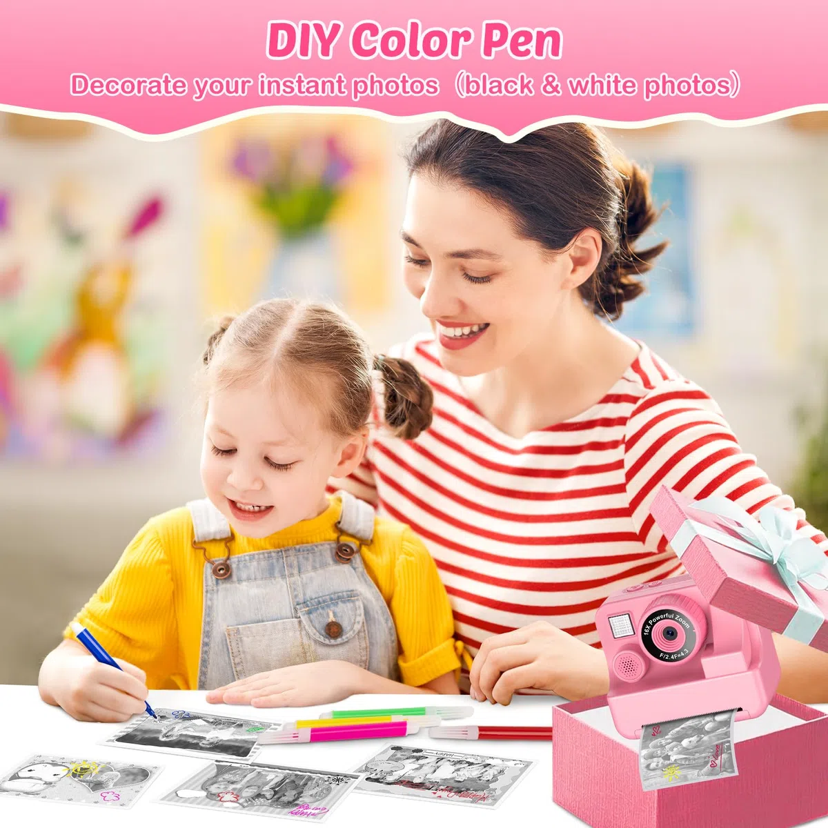 Sofortbildkamera Kinder mit Selfie 1080p, 32GB Karte & 3 Rollen Druckpapier, Geschenke für Jungen & Mädchen 3-12 Jahre