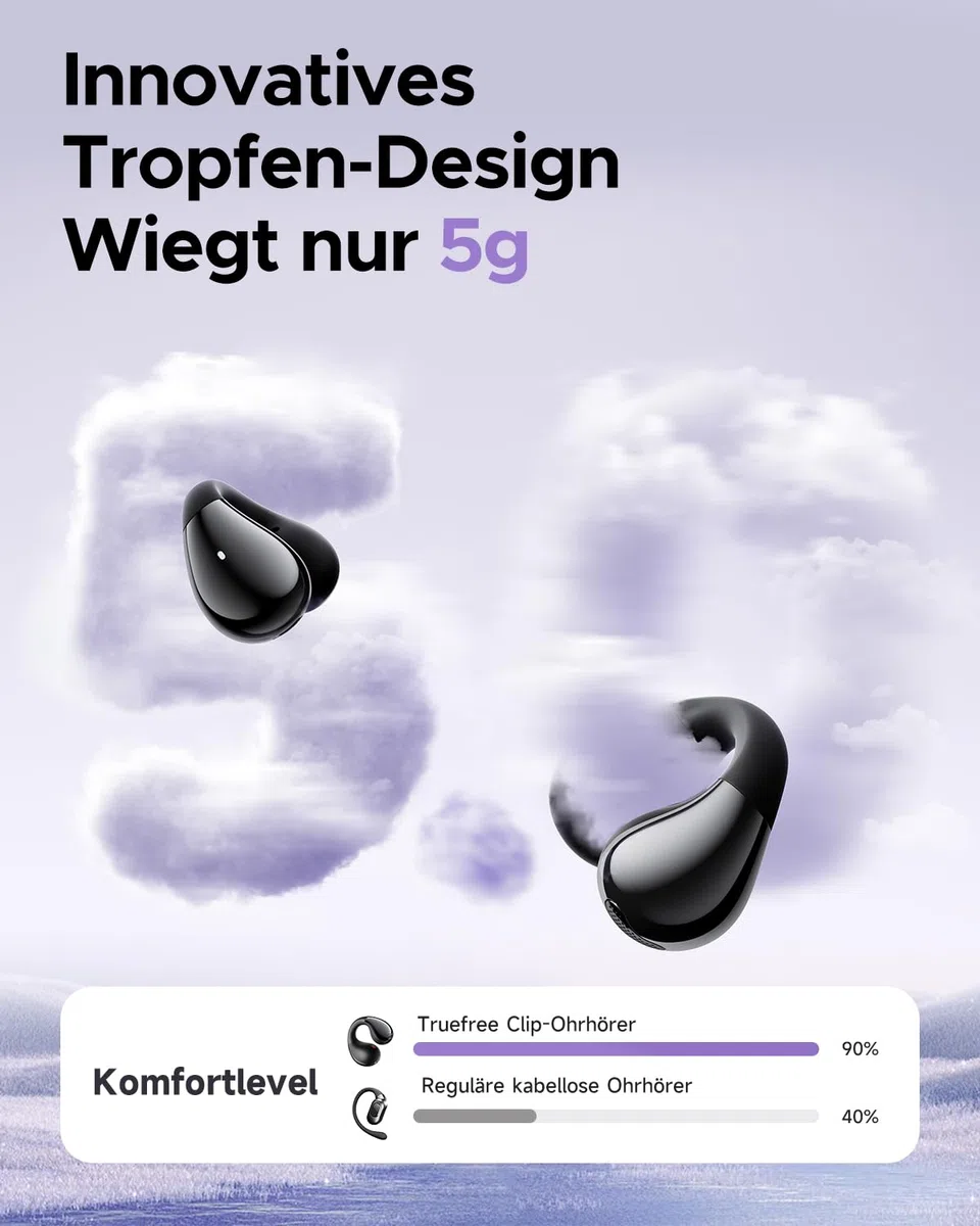 truefree B1 Open Ear Bluetooth Kopfhörer, Clip-On Kopfhörer Sport, Kabellose Bluetooth 5.4, Komfort-Ohrhörer, 3D-Klang, Dynamischer EQ, APP, Leichte Stabiles Nur 5 g, 25 Std Spielzeit