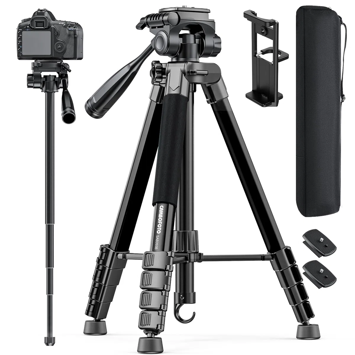 CAMBOFOTO 186cm Aluminium Stativ für DSLR, Spiegellose Kameras, Handys, Camcorder, mit Handyhalterung & Reisetasche (Schwarz)