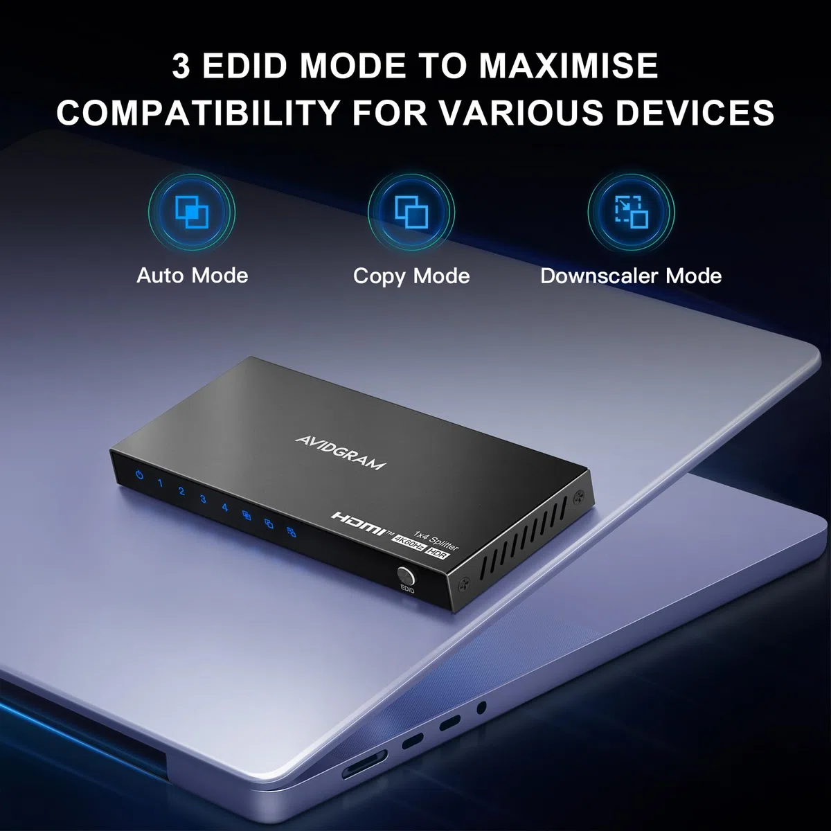 HDMI Splitter 1 In 4 Out 4K 60Hz 4:4:4, AVIDGRAM HDMI Verteiler 4 Port mit Copy, Downscaler, Auto für Dual identische Anzeige Unterstützung 1080p 120Hz HDMI2.0 HDCP 2.2 HDR10 18Gbps 3D