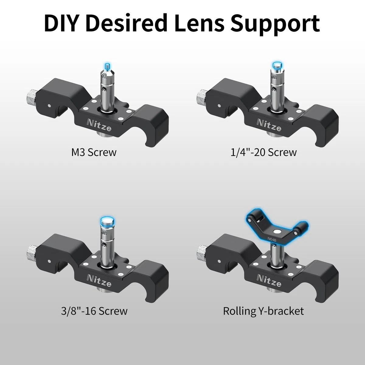 Nitze 15mm LWS Objektivhalterung, Universal Lens Support mit rollbarer Y-Halterung, 1/4"-Höhenverlängerung und 1/4", 3/8", M3-Kappen, kompatibel mit schweren Langen Objektiven – N04B