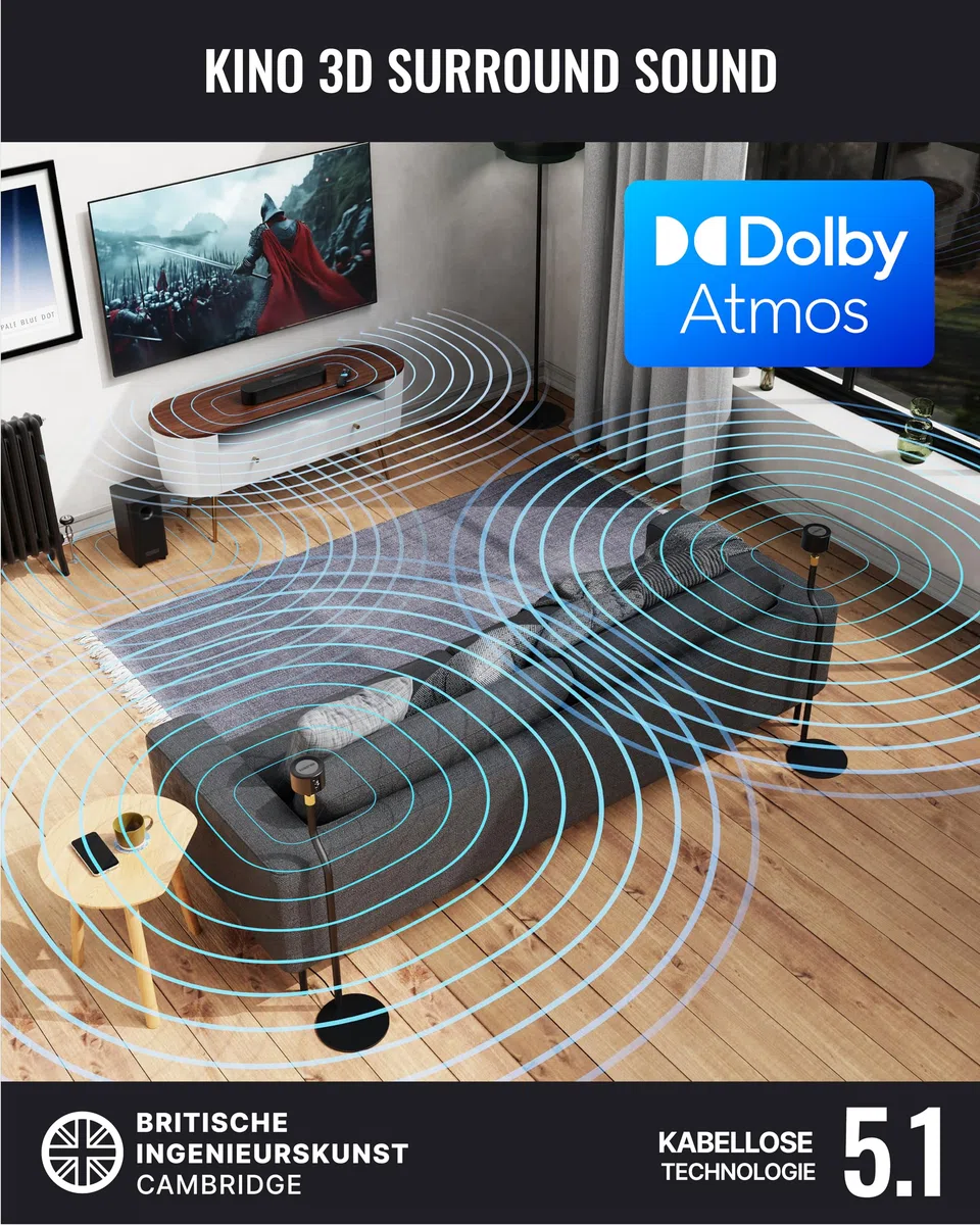MAJORITY Bowfell Halo Atmos Soundbar für TV Geräte | 300W Lautsprecher für Fernseher mit Subwoofer | 5.1 Dolby Atmos Heimkino Surround Sound System mit HDMI eARC | Mini Sound Bar PC Bluetooth