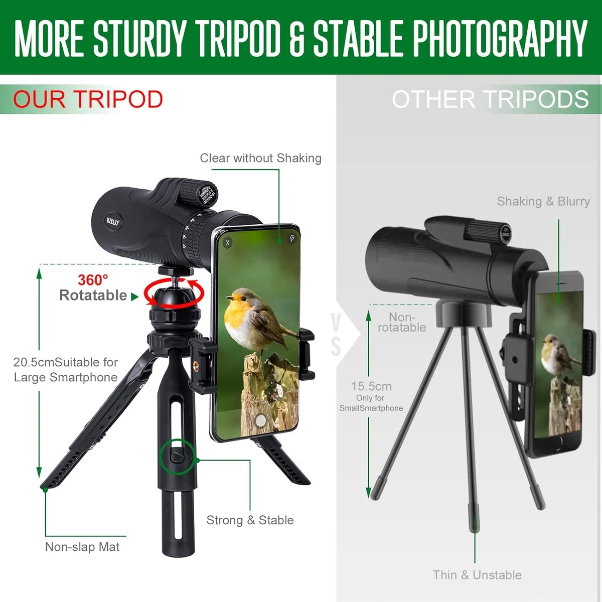 Monokular Teleskop 10-30x50 HD Monokulare Fernrohr mit Smartphone-Halter und Stativ, Wasserdicht Handy Monokular für Wildtiere Vogelbeobachtung Jagd Camping Reisen Wildtiergeheimnis