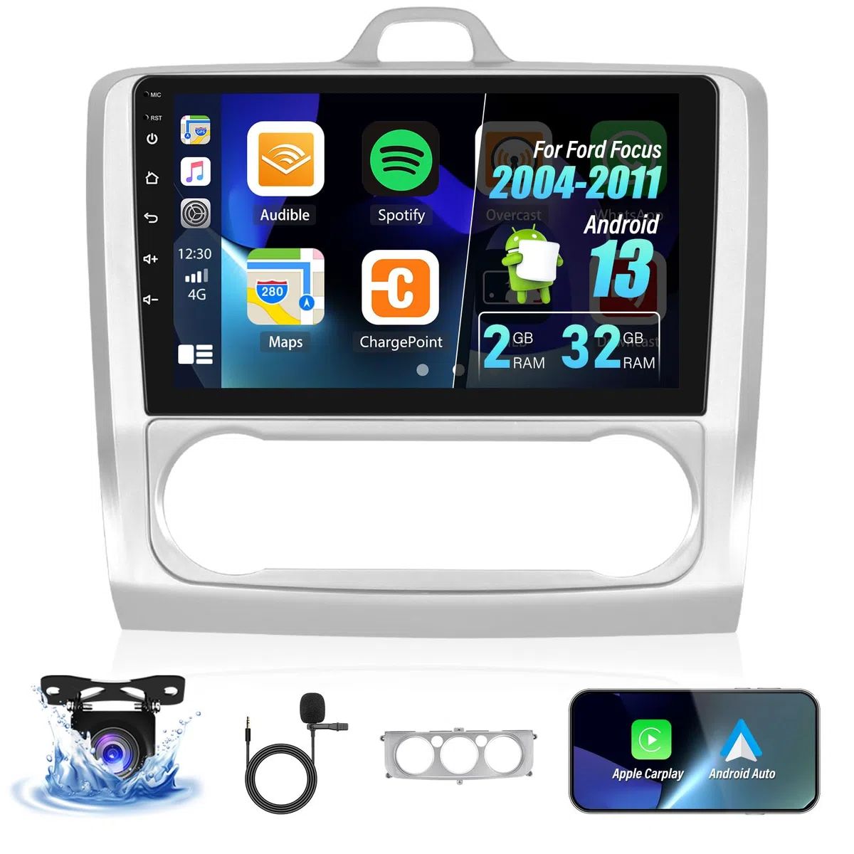 Android 13 2 Din Autoradio für Ford Focus Mk2/Mk3 2004-2011 mit Carplay Android Auto, 9 Zoll HD Touchscreen Radio Player mit Bluetooth WiFi GPS FM EQ Mirror Link