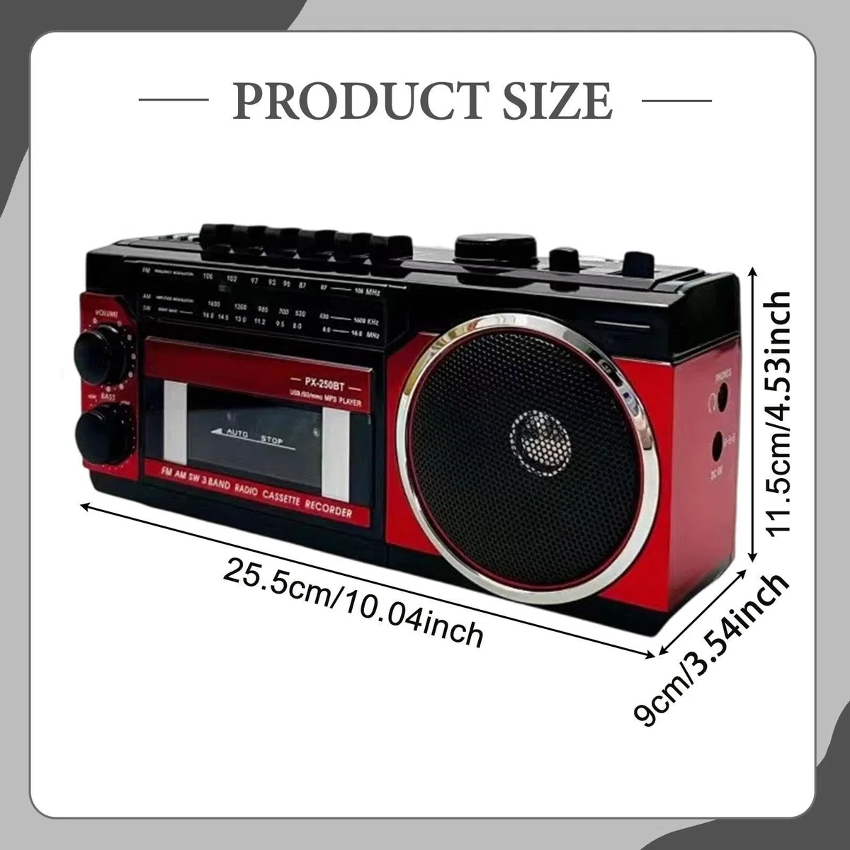 Radio-Kassettenspieler AM/Radio 25,5 x 9 x 11,5 cm Eingebauter Lautsprecher 3 W USB-Kassettenaufnahme Vintage-Design für Parks außerhalb des Hauses