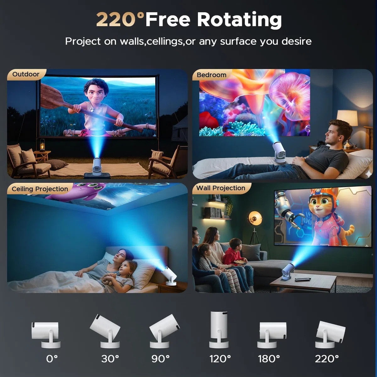 4K Mini Beamer mit Akku, Android 11.0, WiFi 6 Bluetooth 5.2, 220° Rotation, Auto Keystone – Tragbarer Projektor für Heimkino & Outdoor