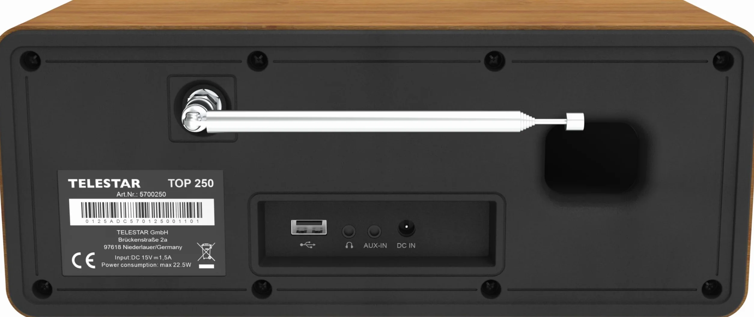 TELESTAR TOP 250 – DAB+/Internetradio, Stereo – Holz | 2 × 10 Watt, Bluetooth Audio-Streaming & Sendefunktion, USB-Aufnahme, Notfallwarnsystem, App-Steuerung