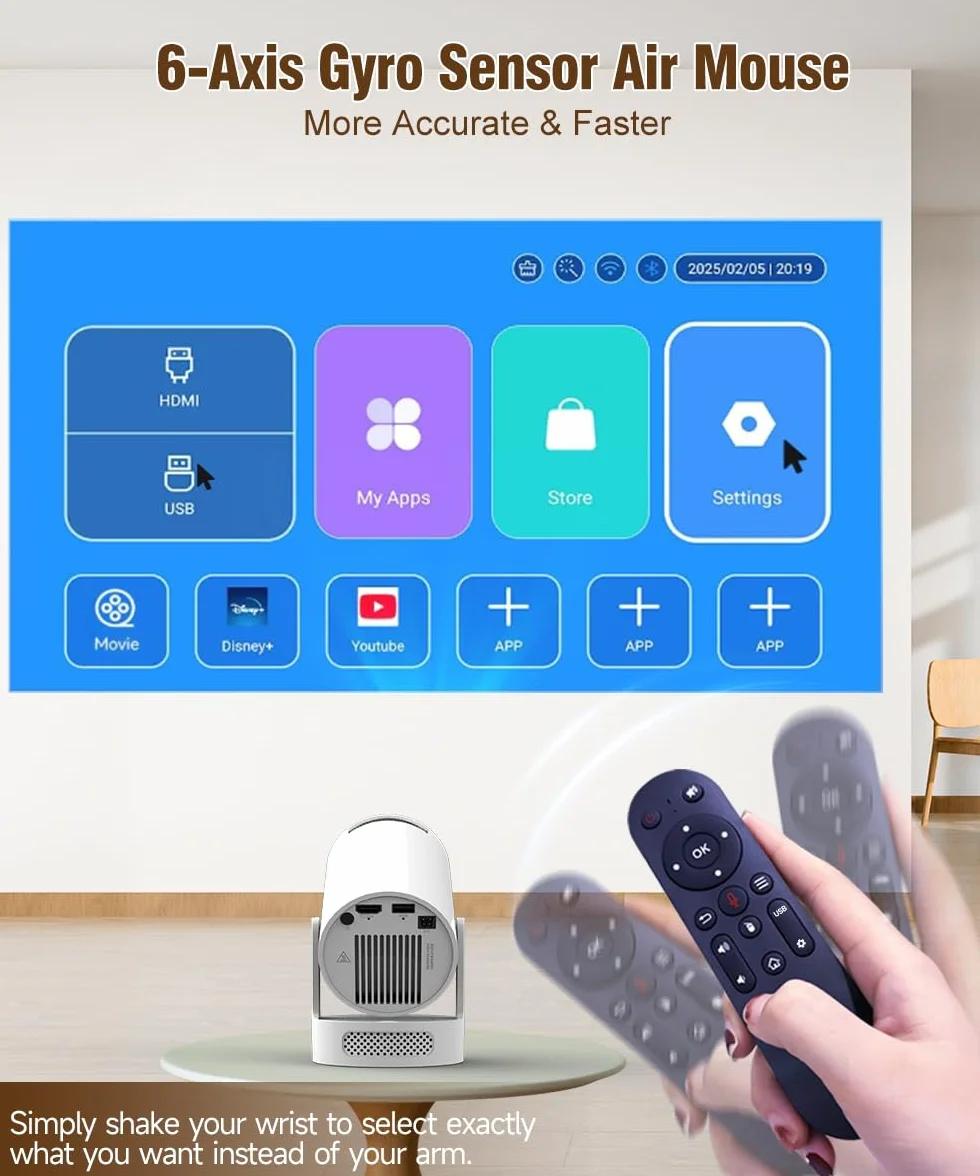 Mini Projektor 4K Unterstützt, Wi-Fi 6, Bluetooth 5.4, 5W Lautsprecher, Automatischer Trapezkorrektur, 180° drehbar, tragbarer Projektor