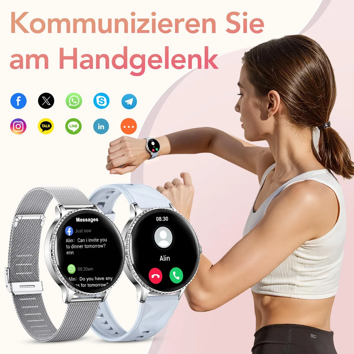 CIVO Smartwatch Damen Rund Silber 41mm: Fitness Tracker Demenuhr Schrittzähler Wasserdicht - Bluetooth-Anrufe Smart Watch für iOS Android Blau