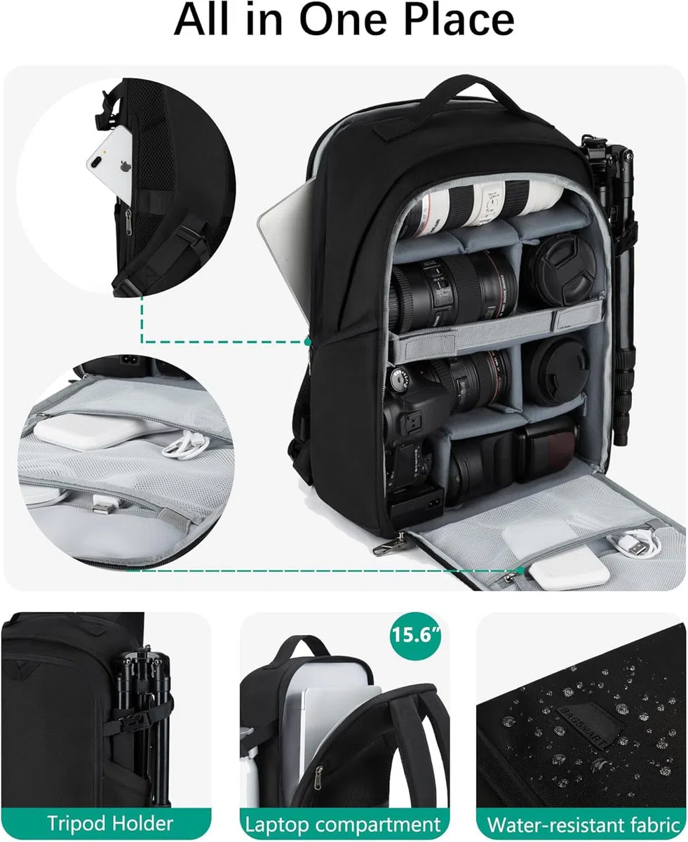 bagsmart Kamerarucksack, DSLR SLR kameratasche Passend für 15,6-Zoll Laptops, Wasserfeste Fotorucksack mit Regenschutz, Stativhalter, Schwarz Groß