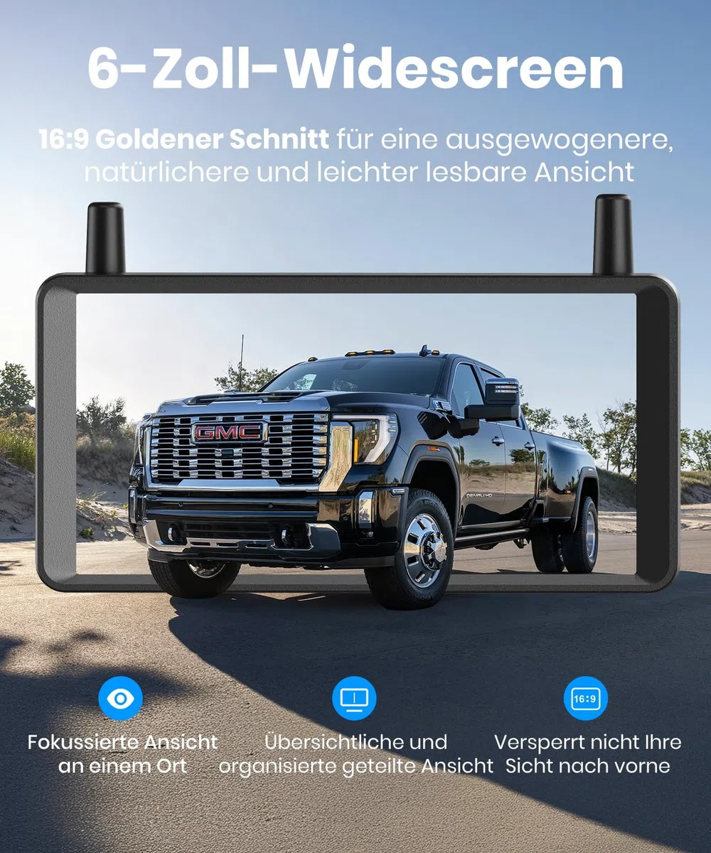 AUTO-VOX Dual Rückfahrkamera Kabellose Solar 6" 16:9-HD Display Split-Screen-Anzeige für Pkw SUVs LKW