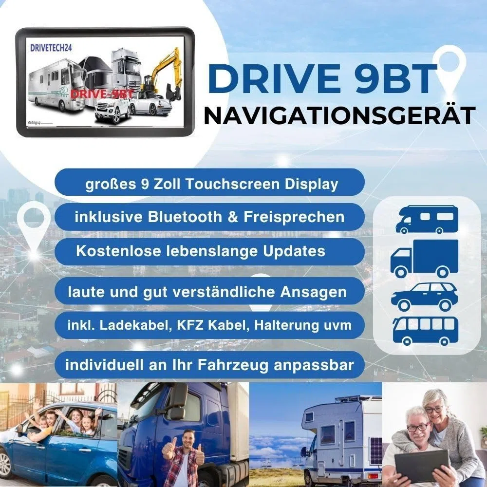 sehr großes 9 Zoll Navigationsgerät DRIVE-9BT gut lesbar für PKW LKW Wohnmobil Bus EU-Karten Radarwarner, Bluetooth, lebenslange Updates