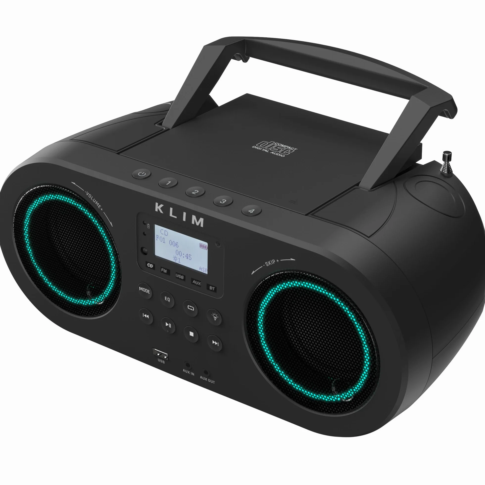 KLIM Boombox B5 Radio mit CD Player + FM Radio, Bluetooth, AUX, USB + NEU + CD Player tragbar mit kabellosem Modus und aufladbaren Akku + CD-Player mit Autosleep, Digital EQ