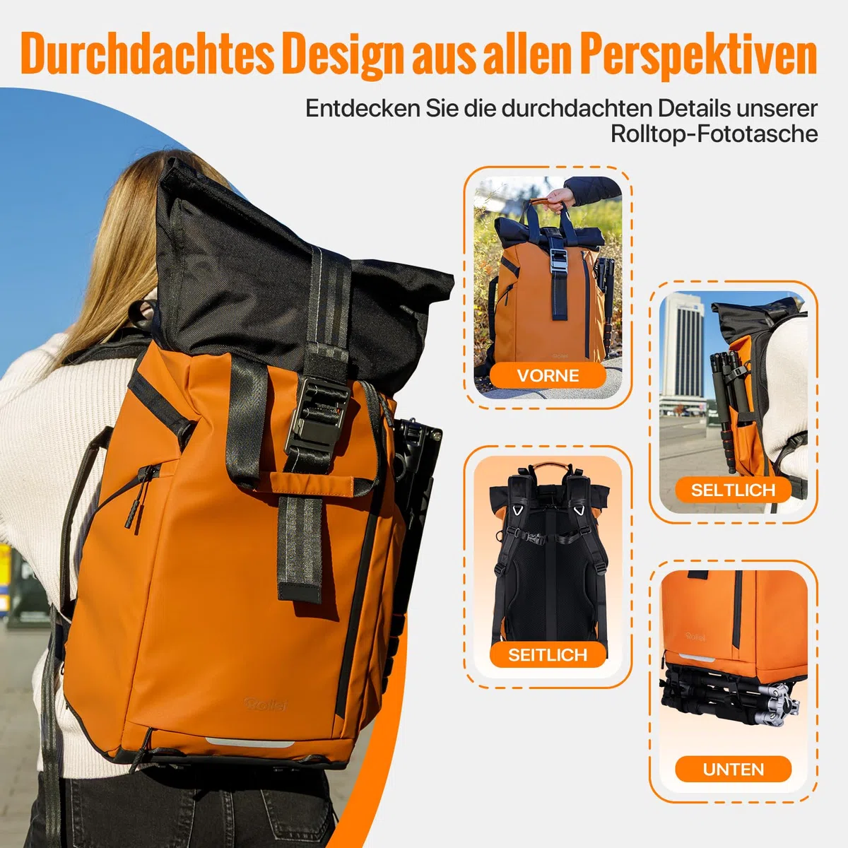 Rollei Fotoliner Ocean Rolltop Kamerarucksack Wasserdicht Fotorucksack Groß Kamera Rucksack mit Laptopfach Stativhalter für DSLR SLR Kameras