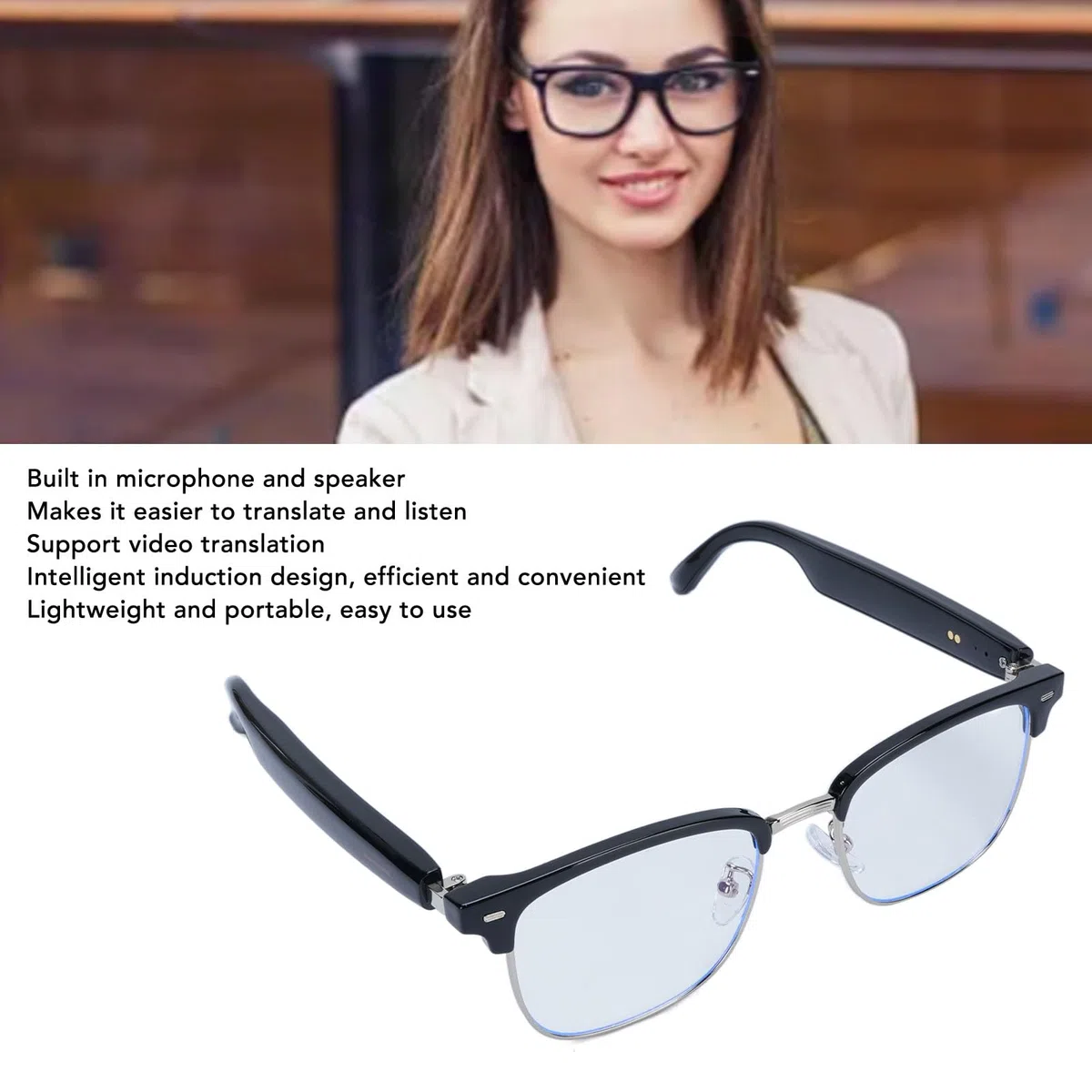KI Smart Glasses mit Echtzeit-Videobersetzung, integriertem Mikrofon und Lautsprecher, Blaulichtfilter, mehrsprachige Übersetzungsbrille für Musik, Anrufe und Reisen