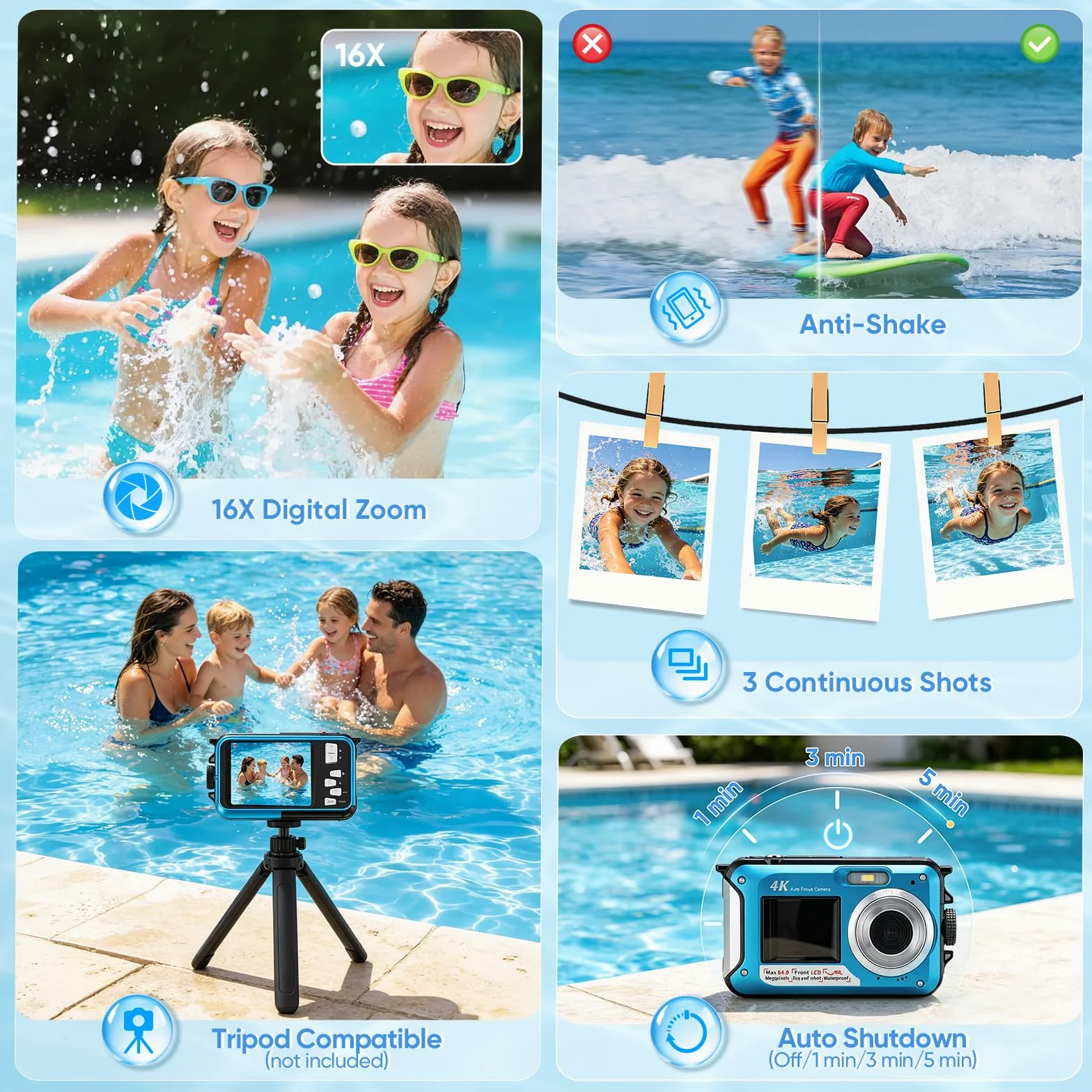 Unterwasserkamera 64MP mit Autofokus & 4K Video, IP68 Wasserdicht Kamera bis 16FT, Digitalkamera mit 32GB Karte, Duales Display, 16X Zoom für Schnorcheln, Blau
