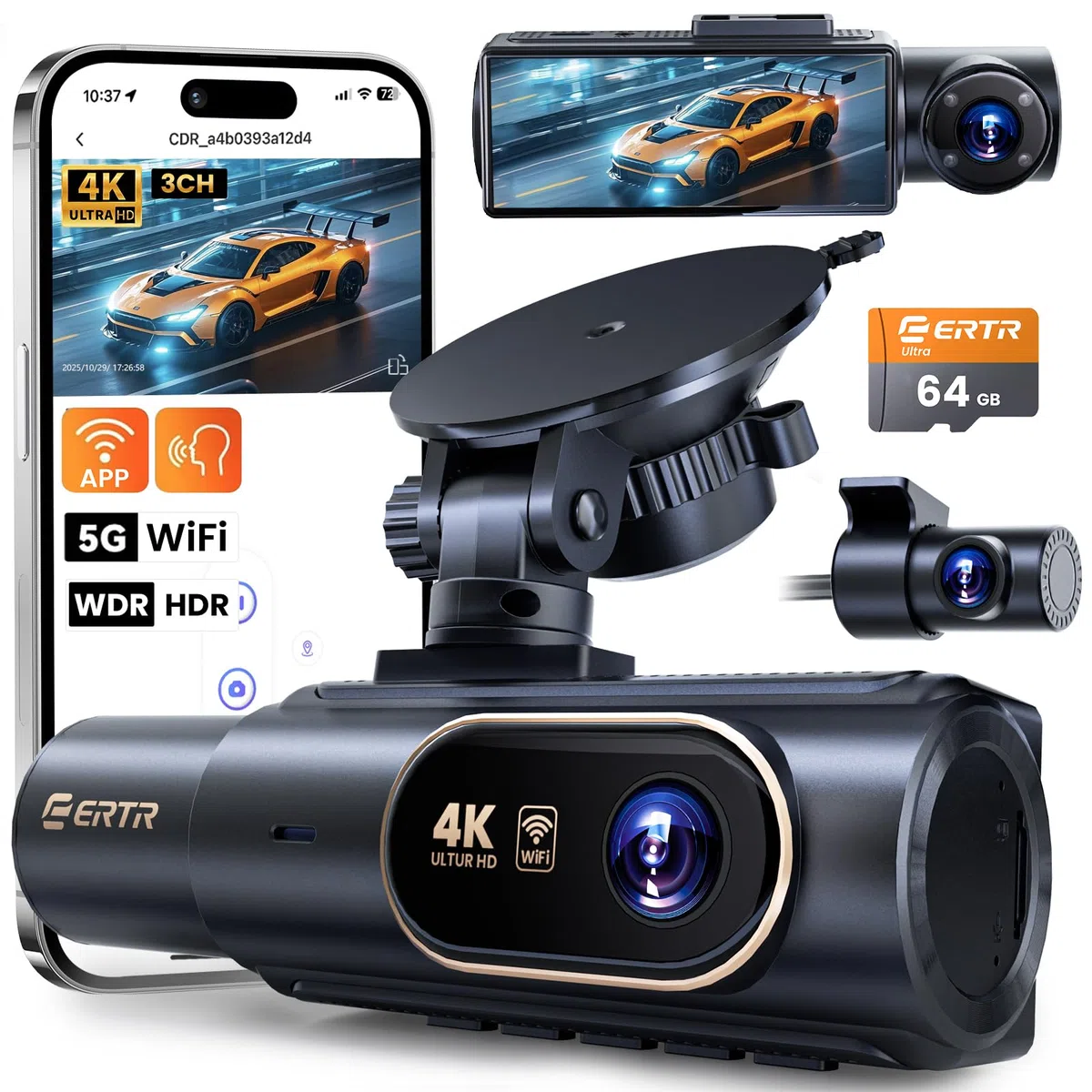 3-Kanal 4K dashcam Auto und Rückfahrkamera, kabellose 4K-Dashcam für Autos, 4K+1080P+1080P Auflösung, integriertes Wi-Fi & App, G-Sensor, Nachtsicht, inkl. 64GB SD-Karte
