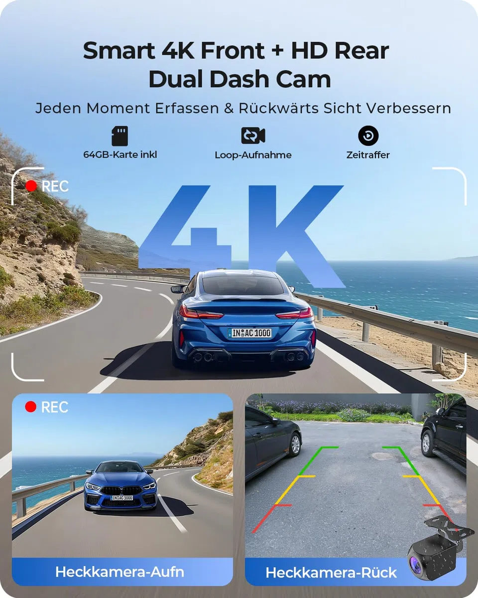 9,26" Drahtloses Tragbarer Car Play Display mit 4K-Front- & HD-Rückfahr-Dual-Dashcam für Apple CarPlay & Android Auto mit OTA-Updates, Mirror Link, Bluetooth 5.0, Sprachsteuerung, GPS, FM