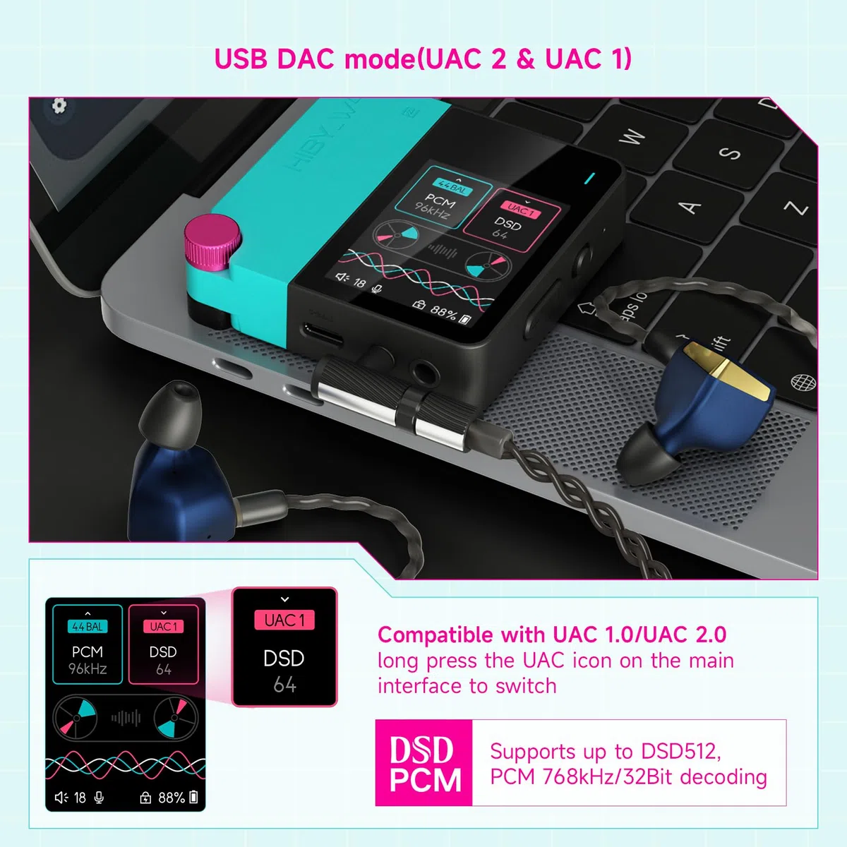 HiBy W4 Bluetooth-Kopfhörer-Verstärker USB DAC, BT 5.4 & NFC, aptX Lossless LDAC, Dual DAC, DSD512 PCM 768 kHz, 5,1 cm Touchscreen, CVC Mikrofon, 3,5 mm & 4,4 mm symmetrischer Ausgang