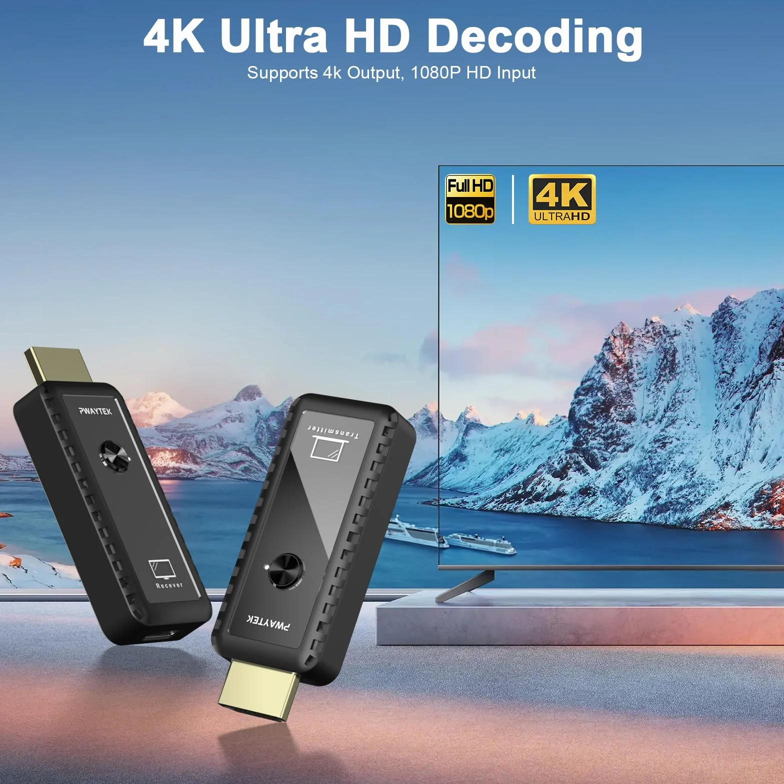 PWAYTEK HDMI Wireless Transmitter and Receivert 4K Decodierung, 1080P Ausgang, 164FT/50M, DualBand 2,4G/5G, für PC/Laptop/HDTV/Projektor, Plug & Play, ohne App (Schwarz)