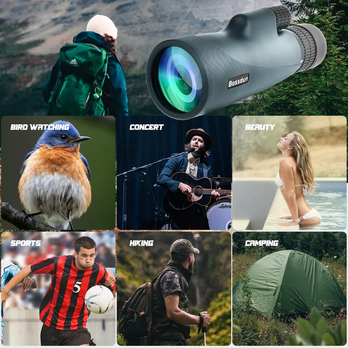10-30x50 Monokular Teleskop für Erwachsene, Wasserdichtes HD Monokular Zielfernrohr mit Smartphone zur Vogelbeobachtung Sightseeing Wandern Jagd Camping (Green)