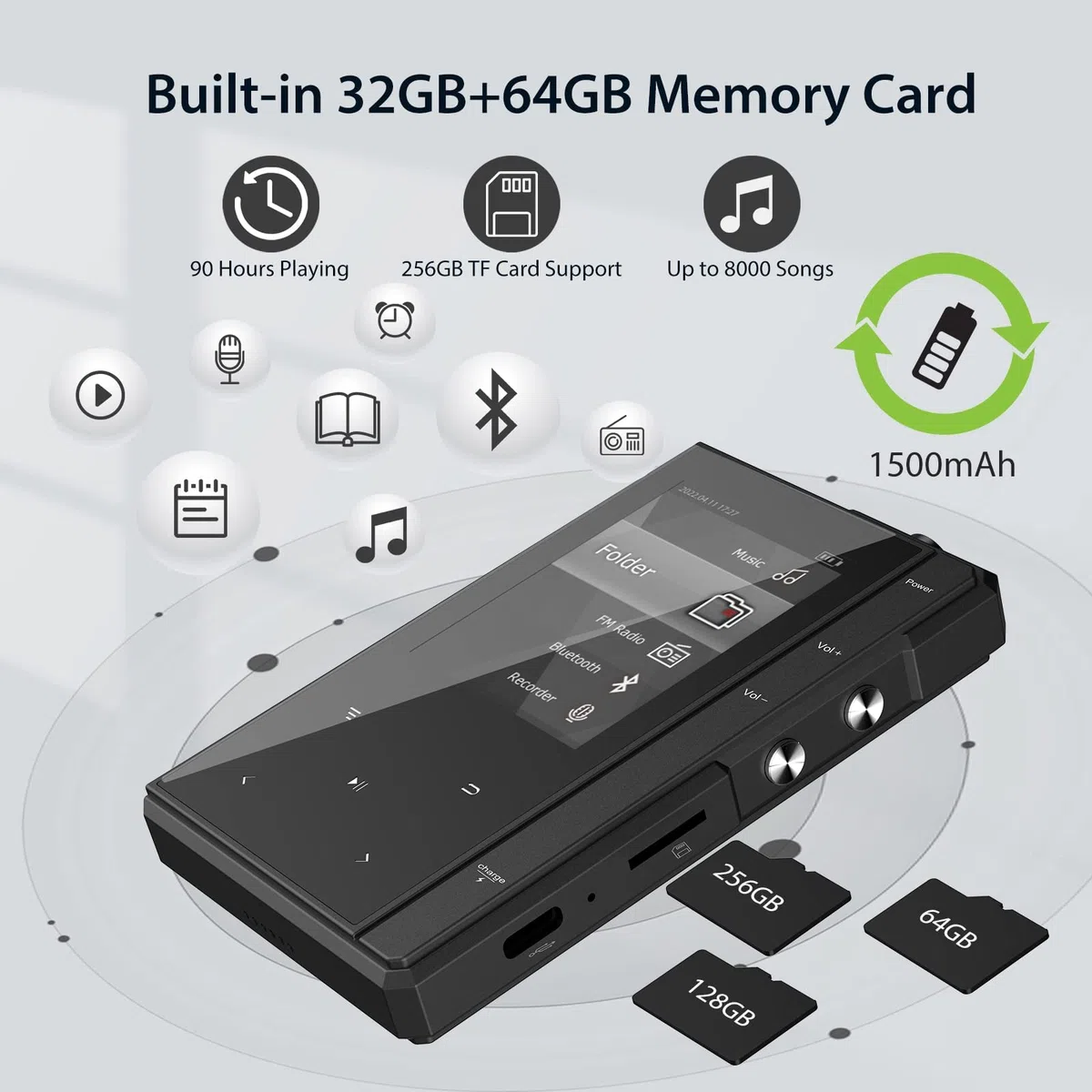 MP3-Player mit 90 Stunden Akkulaufzeit, Bluetooth 5.0, Phinitec Z6 Digital Audio Player mit Robustem und Langlebigem Metallgehäuse, 2,4 Zoll IPS Glasdisplay (Schwarz, 96, GB)