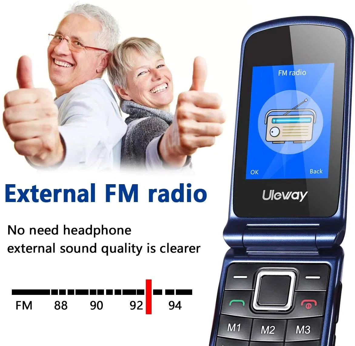 ULEWAY Seniorenhandy Klapphandy ohne Vertrag,GSM Großtasten Mobiltelefon SOS Notruffunktion,Taschenlampe,FM Radio,2.4 Zoll Dual Display Handy für Senioren (Blau)(mit Ladestation)